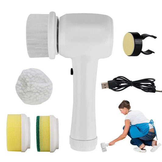 Cordless rechargeable electric cleaning brush with interchangeable brush heads for powerful scrubbing and versatile cleaning