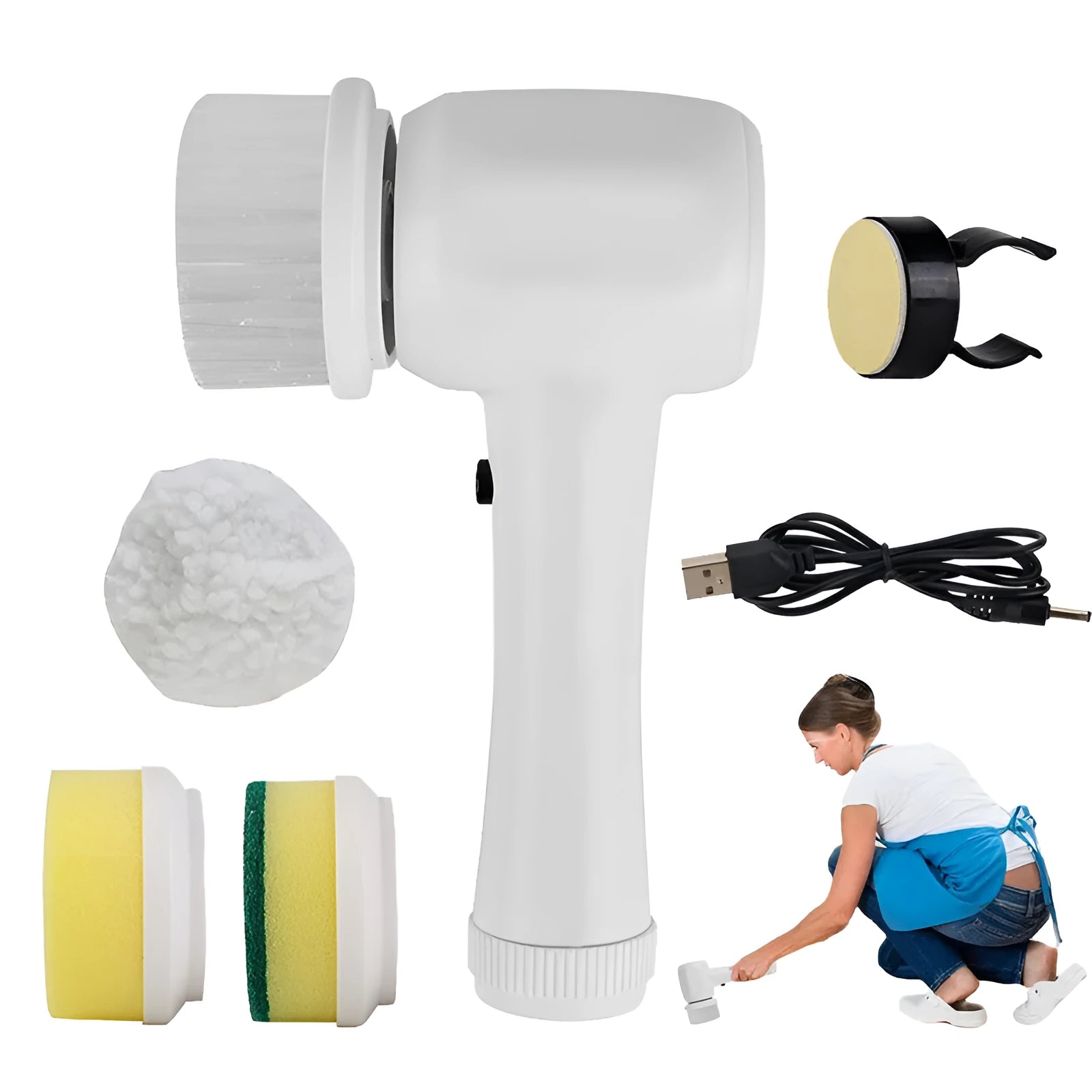 White cordless electric spin scrubber with multiple brush heads on a bathroom tile.