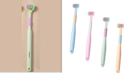 A soft bristle toothbrush with a unique triple-sided brush head for deep cleaning and customizable bristle firmness.