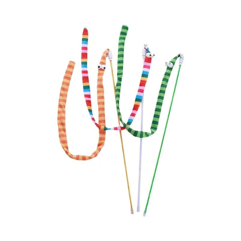 Interactive cat wand toy with a polycarbonate handle and a long green plush strip with a bell.