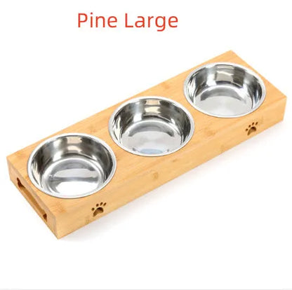 Solid wood pet dining table with elevated stainless steel feeding bowls for cat or dog