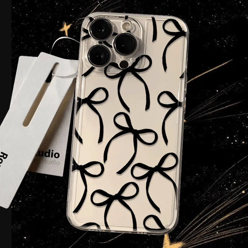 Black ribbon bow transparent soft TPU phone case for iPhone with anti-fall function and sprayed finish.