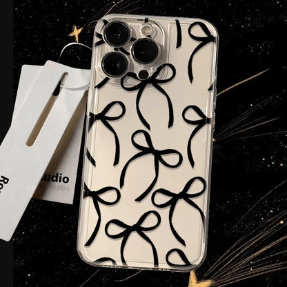 Black ribbon bow transparent soft TPU phone case for iPhone with anti-fall function and sprayed finish.