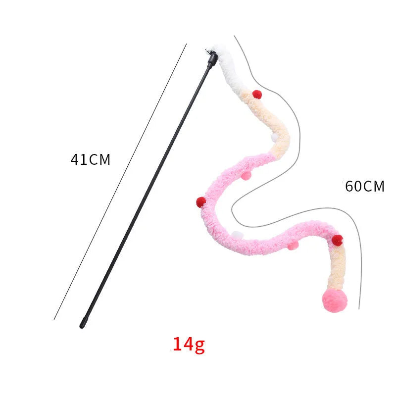 Interactive cat wand toy with plush strip, fluffy ball, and bells on a 41cm pole.