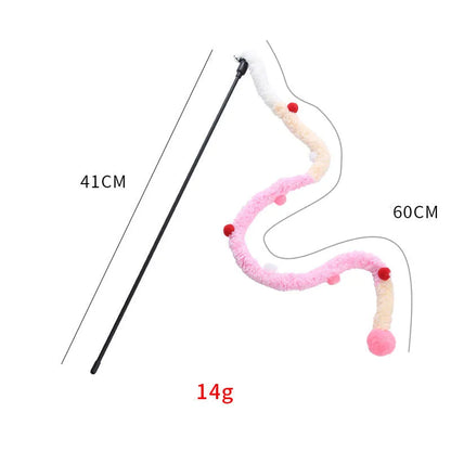 Interactive cat wand toy with plush strip, fluffy ball, and bells on a 41cm pole.