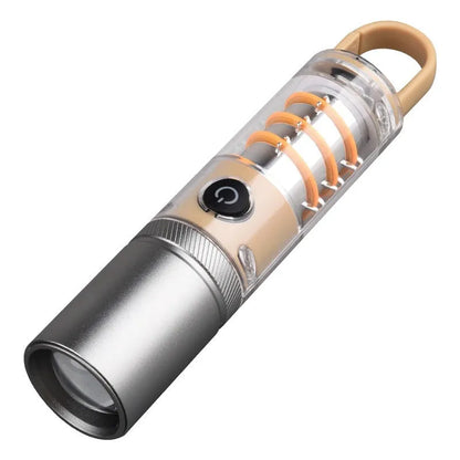 Orange or beige 10W rechargeable flashlight with hook, keychain, and optical zoom.