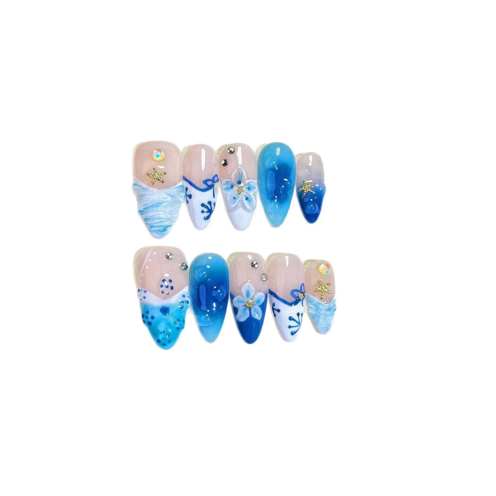 Blue hand-painted carved summer ice transparent wear fake nails set with plastic wearable armour in sizes XS, S, M, L