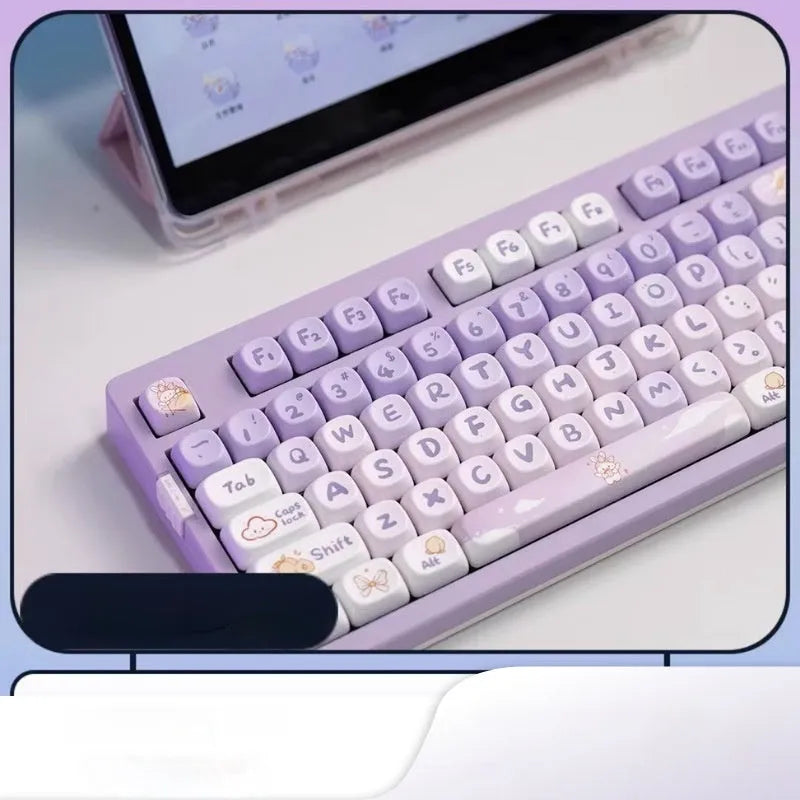 Full set of purple gradient keycaps with white rabbit illustration for mechanical keyboards