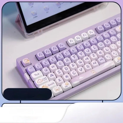 Full set of purple gradient keycaps with white rabbit illustration for mechanical keyboards