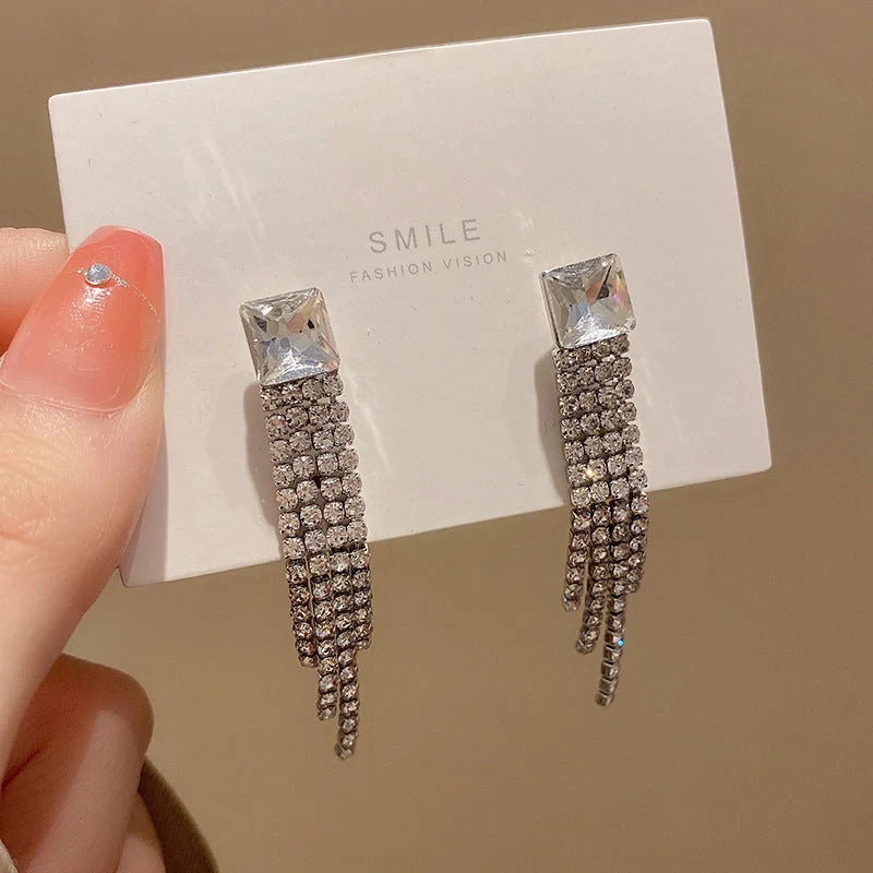 Elegant sterling silver long fringed zircon earrings for women
