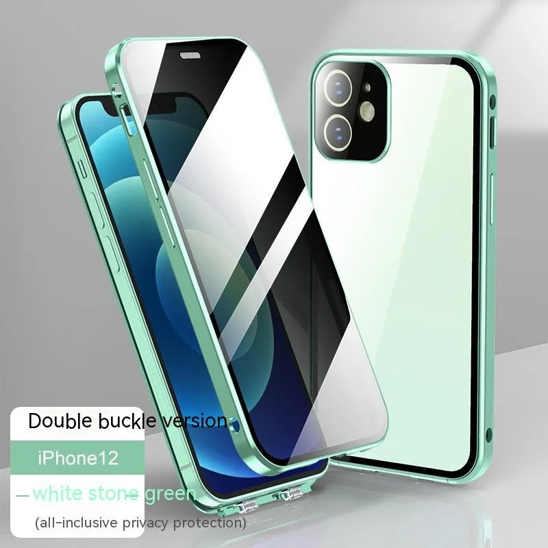Glass phone case with double-sided buckle for Apple iPhone in multiple colours.