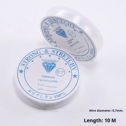 Transparent white elastic cord on spool for DIY jewellery making with diameter options from 0.4mm to 1.0mm