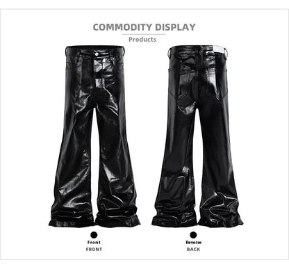 Black shiny patent leather coated skinny jeans with straight leg and mid waist