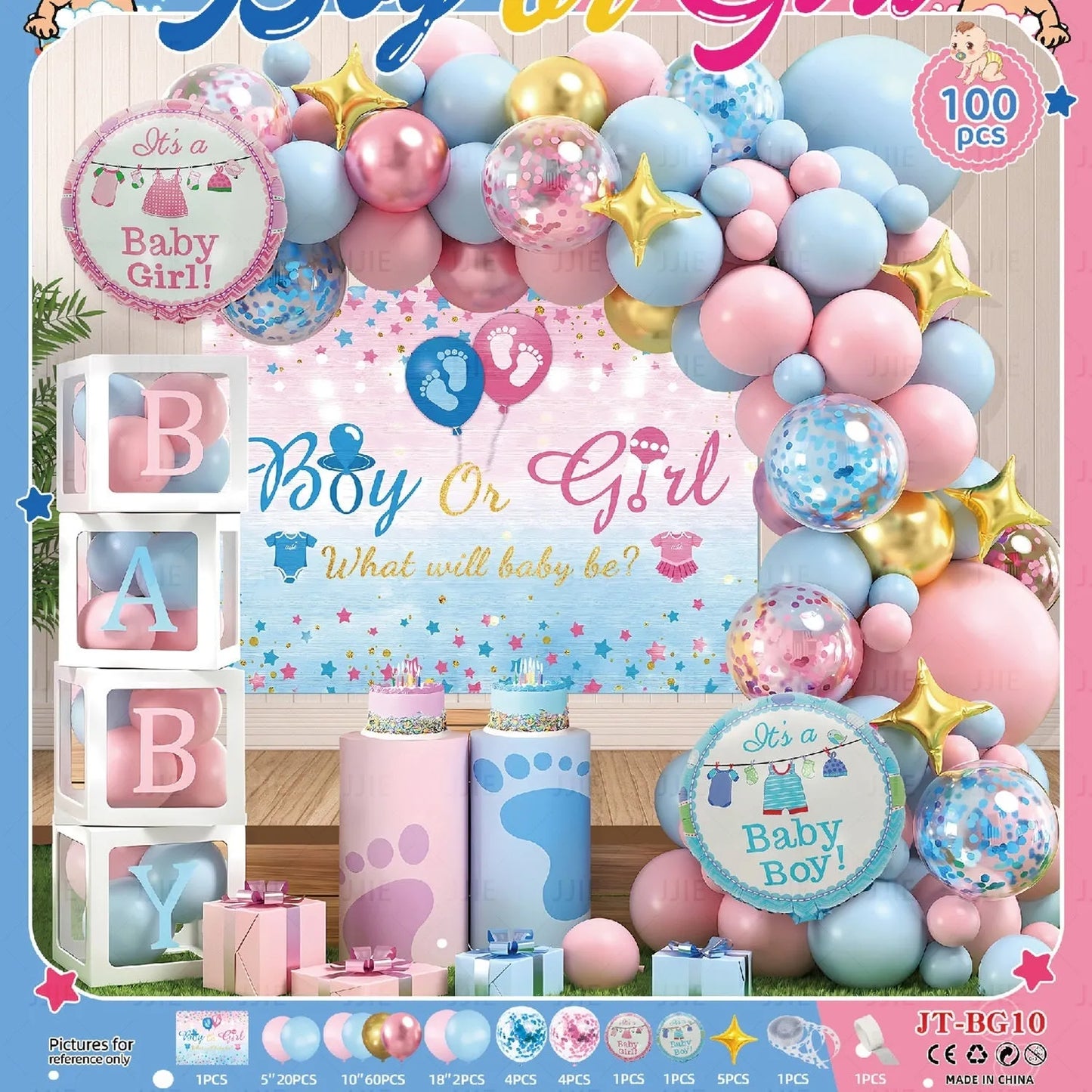 Baby gender reveal balloon decoration suit with metallic aluminium film balloons in pink and blue
