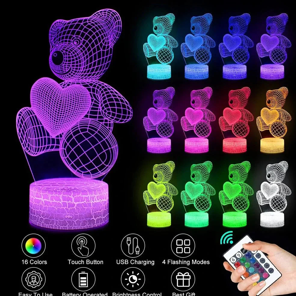 3D acrylic teddy bear LED night light with 16 colour options and remote control