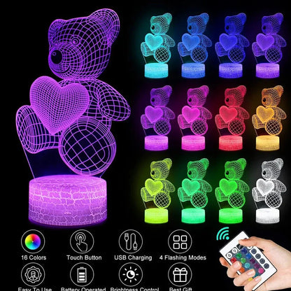 3D acrylic teddy bear LED night light with 16 colour options and remote control