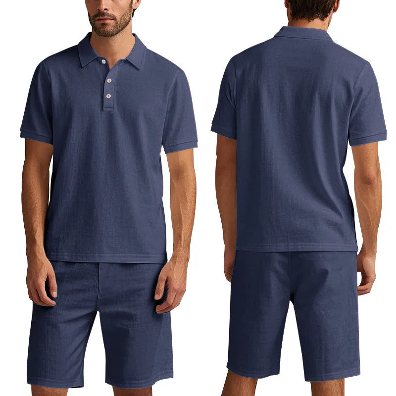Men's light blue linen-blend short sleeve shirt and matching shorts casual summer suit set