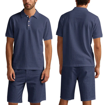 Men's light blue linen-blend short sleeve shirt and matching shorts casual summer suit set