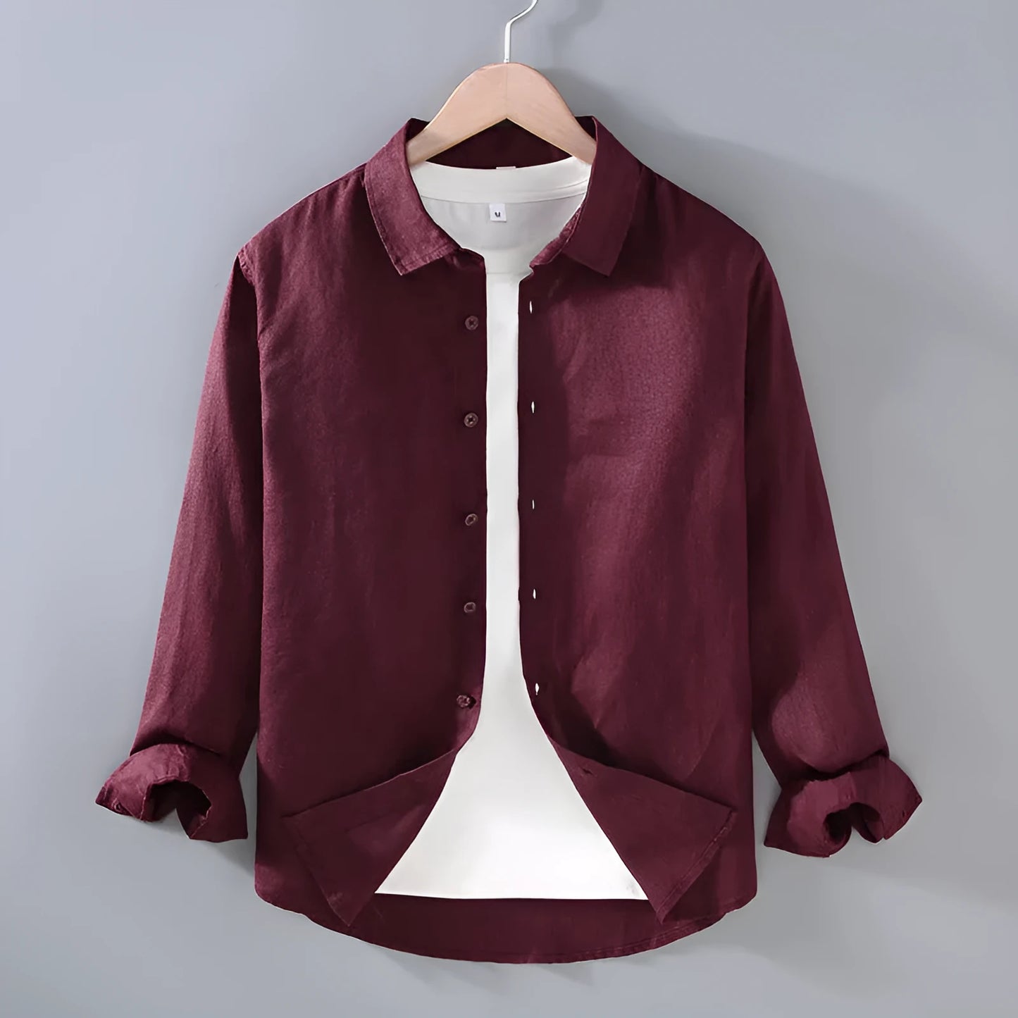 Men's pure linen long sleeve cardigan style shirt in solid colour