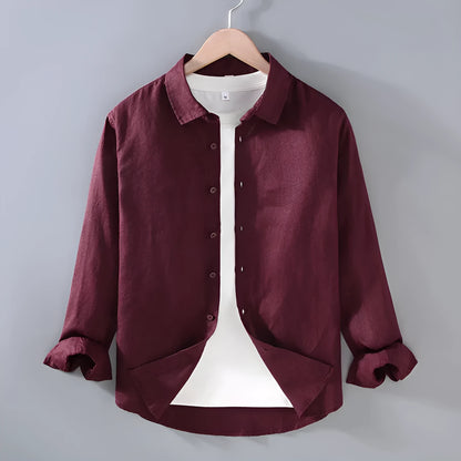 Men's pure linen long sleeve cardigan style shirt in solid colour