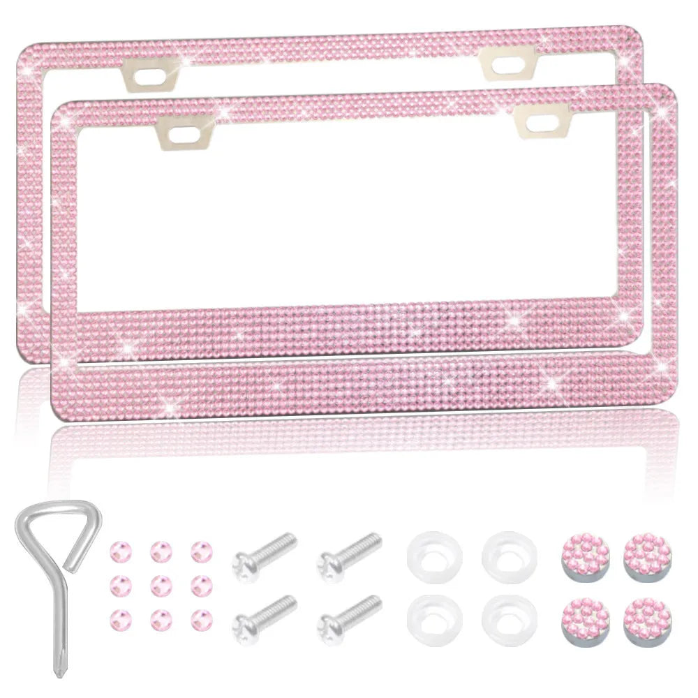 Stainless steel license plate frame with square holes for applying coloured acrylic diamond crystals.