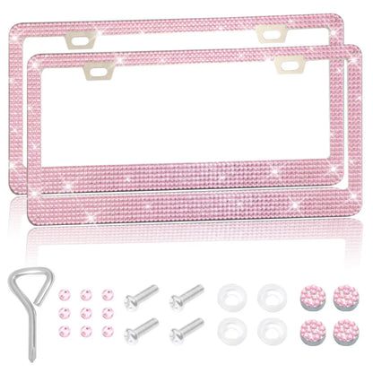 Stainless steel license plate frame with square holes for applying coloured acrylic diamond crystals.