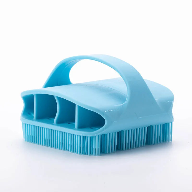 Silicone scalp massager shampoo brush with long bristles and ergonomic handle in assorted colours.
