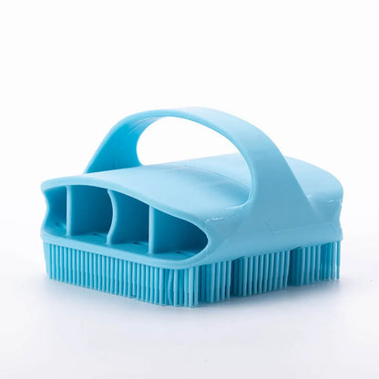 Silicone scalp massager shampoo brush with long bristles and ergonomic handle in assorted colours.