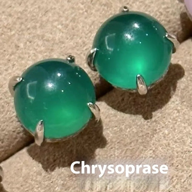 Chinese style chalcedony stud earrings with four-claw setting in emerald green, pink purple and milk white colours