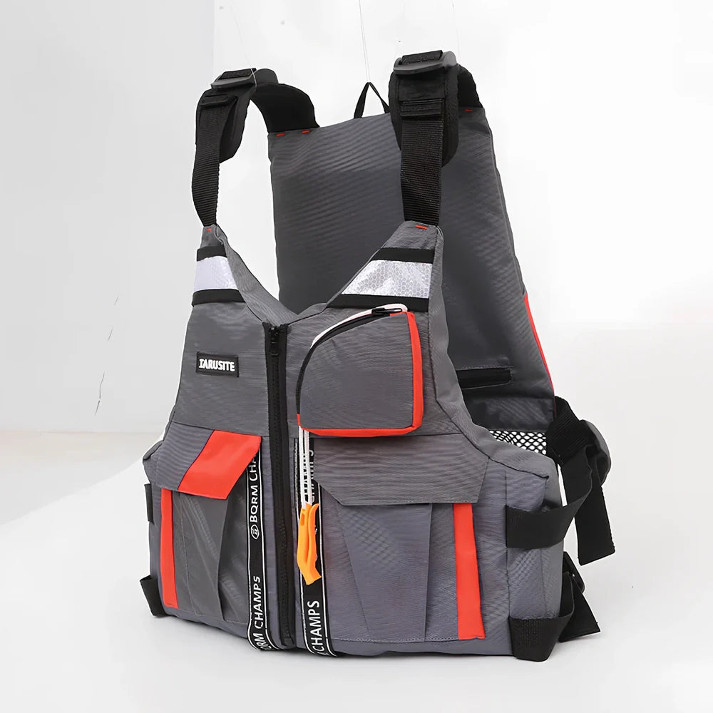 Grey-red Oxford cloth swim vest with adjustable side straps for fishing and water safety