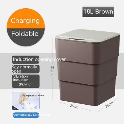 White smart induction trash can with automatic opening lid for kitchen or bathroom use