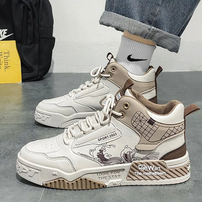 Men's beige, white, and blue high-top board shoes with lace-up front and rubber sole.