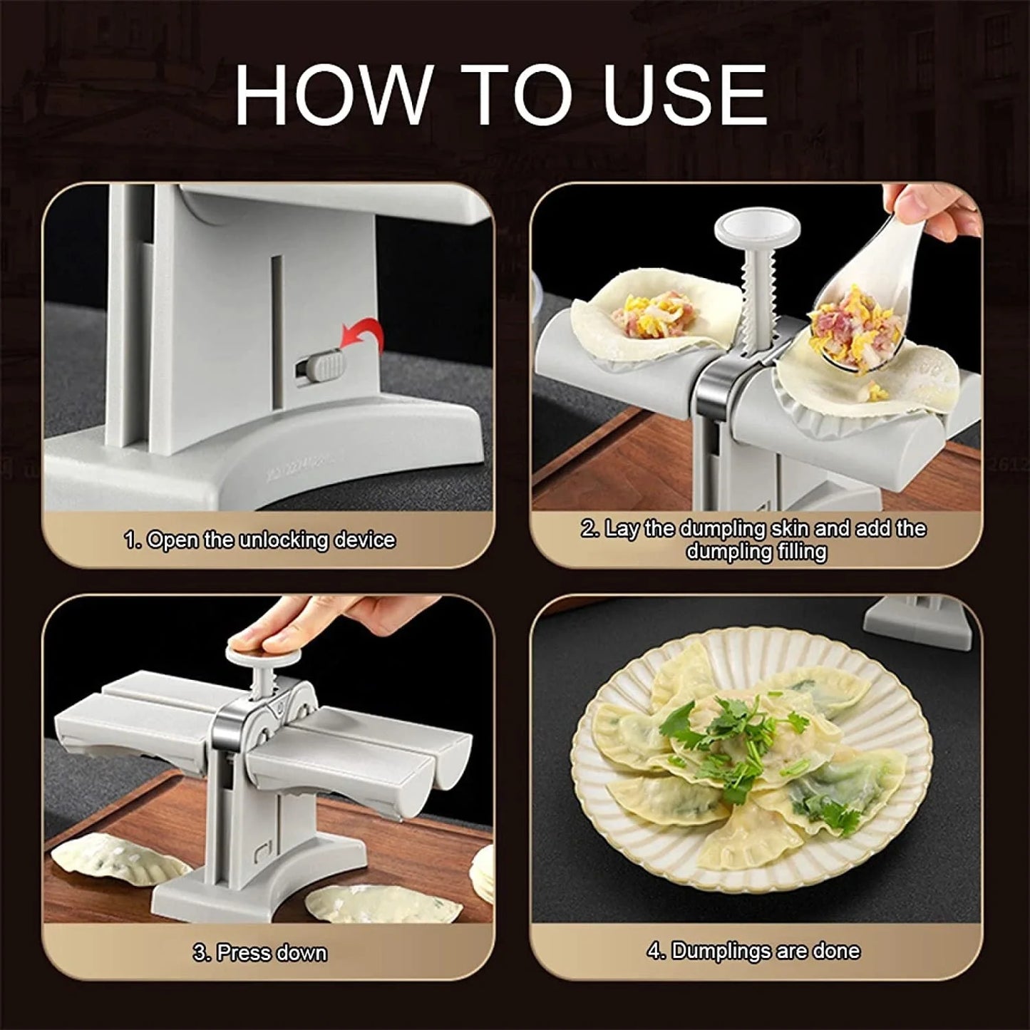 Double head dumpling mould with anti-slip base for efficient kitchen use