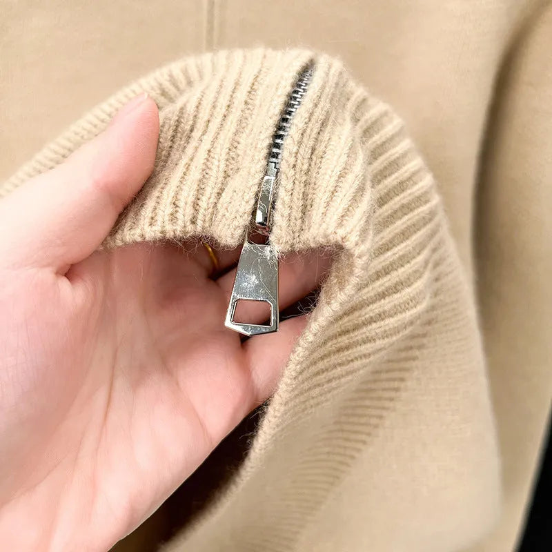 Men's grey knitted zip cardigan with stand collar showing loose fit and thickened fabric texture