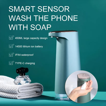 White automatic foam soap dispenser with infrared sensor for touch-free hand washing.
