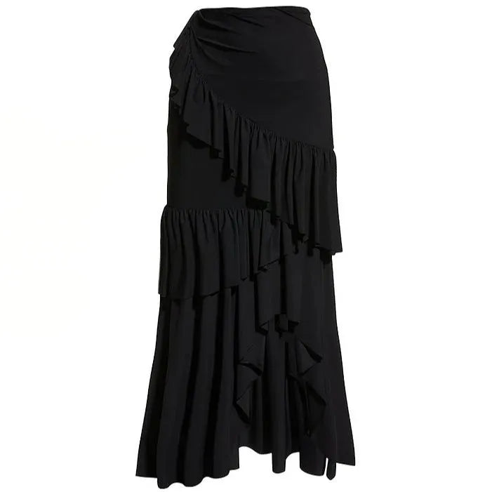 Women's striped one-piece swimsuit with ruffled design and black skirt overlay