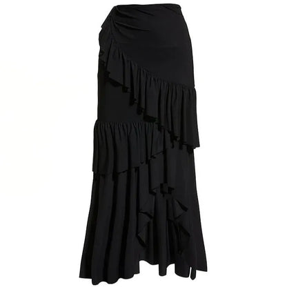 Women's striped one-piece swimsuit with ruffled design and black skirt overlay