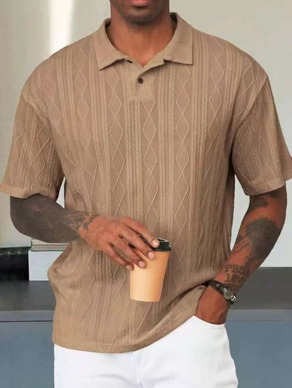 Retro button lapel short sleeve T-shirt in cotton blend fabric showing slit detail