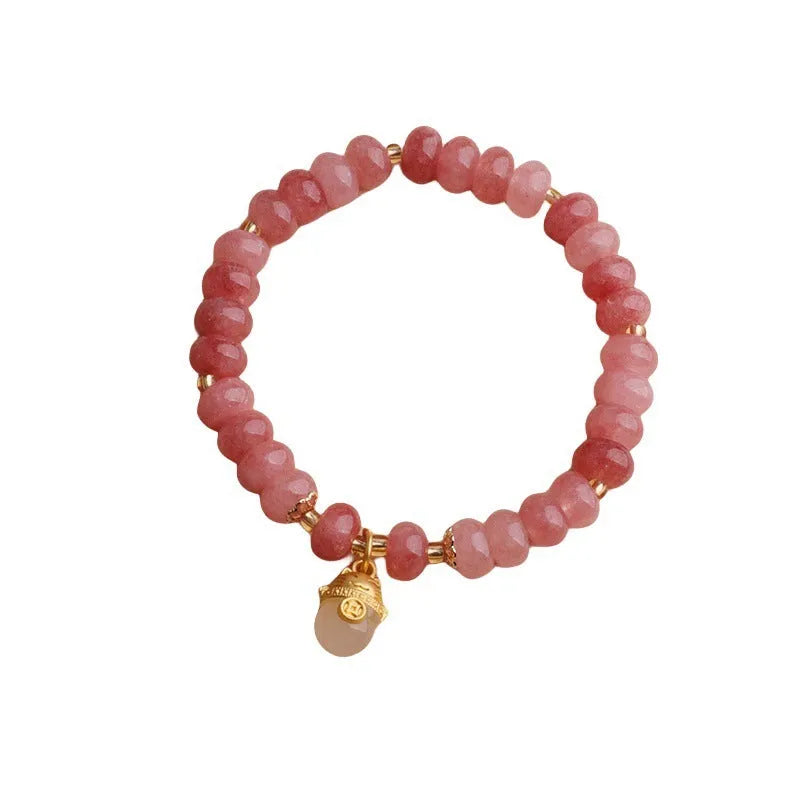 Handmade retro bracelet with lucky cat charm in strawberry quartz or grey jade