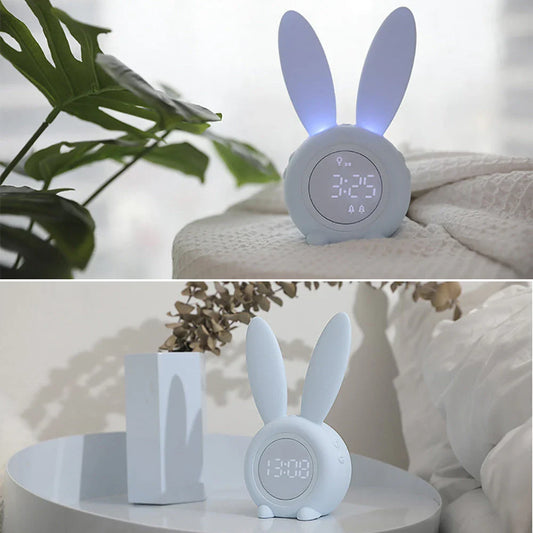 Adorable bunny-eared digital alarm clock with LED display, sound control, and magnetic design