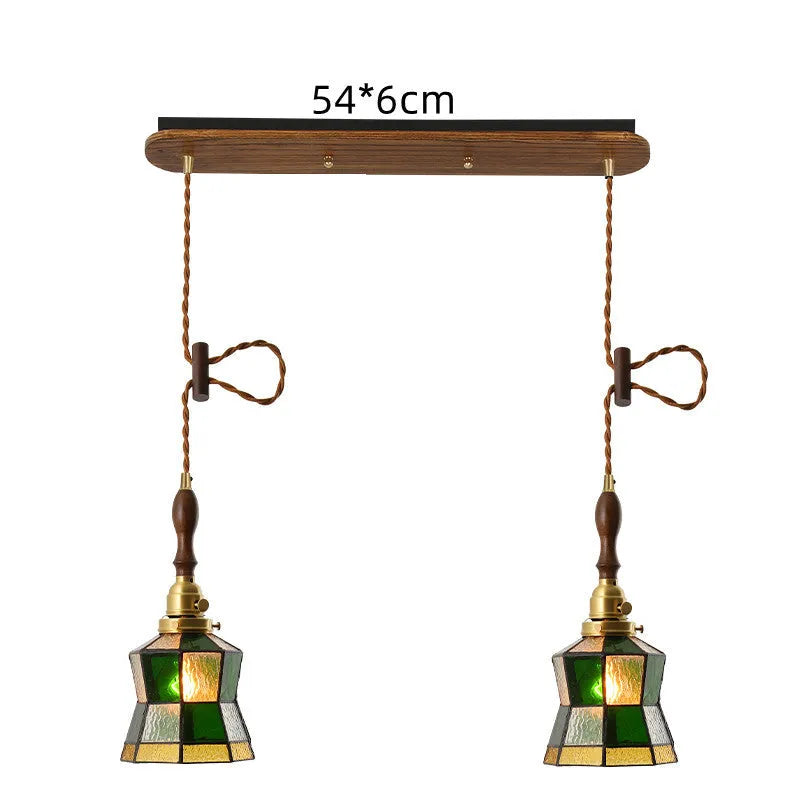 Japanese retro brass and glass chandelier with hand-blown shades and walnut wood details