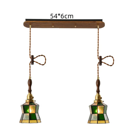 Japanese retro brass and glass chandelier with hand-blown shades and walnut wood details