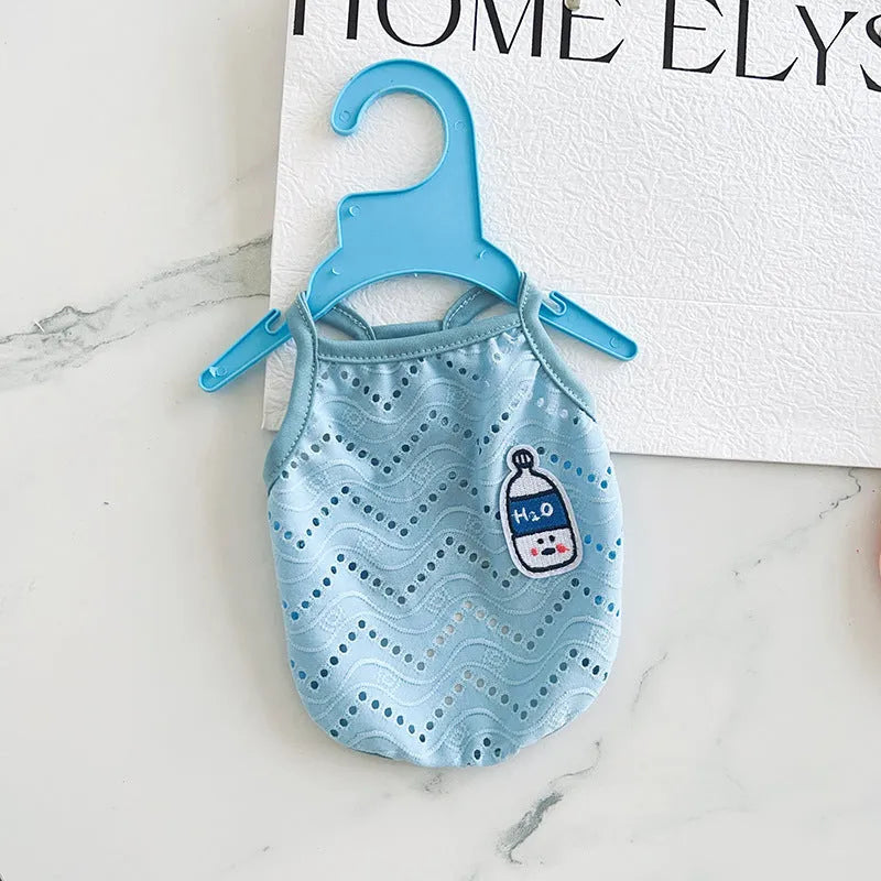 Light blue mesh pet vest with adjustable straps on a mannequin, showing breathable design for dogs and cats.
