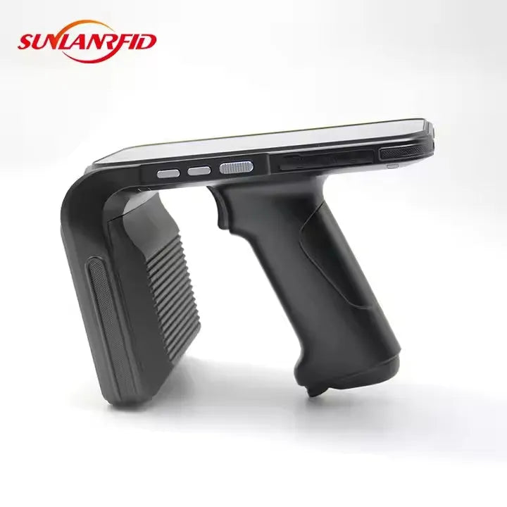 SLP-05 handheld UHF RFID scanner with Android touchscreen, measuring approximately 20cm long with rubberised grip sections