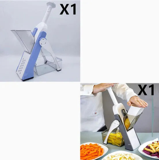 Orange multifunctional vegetable cutter kitchen tool with mandoline blades on a countertop.