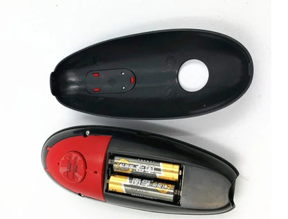 Cordless electric can opener in black, featuring safety grooves and automatic operation