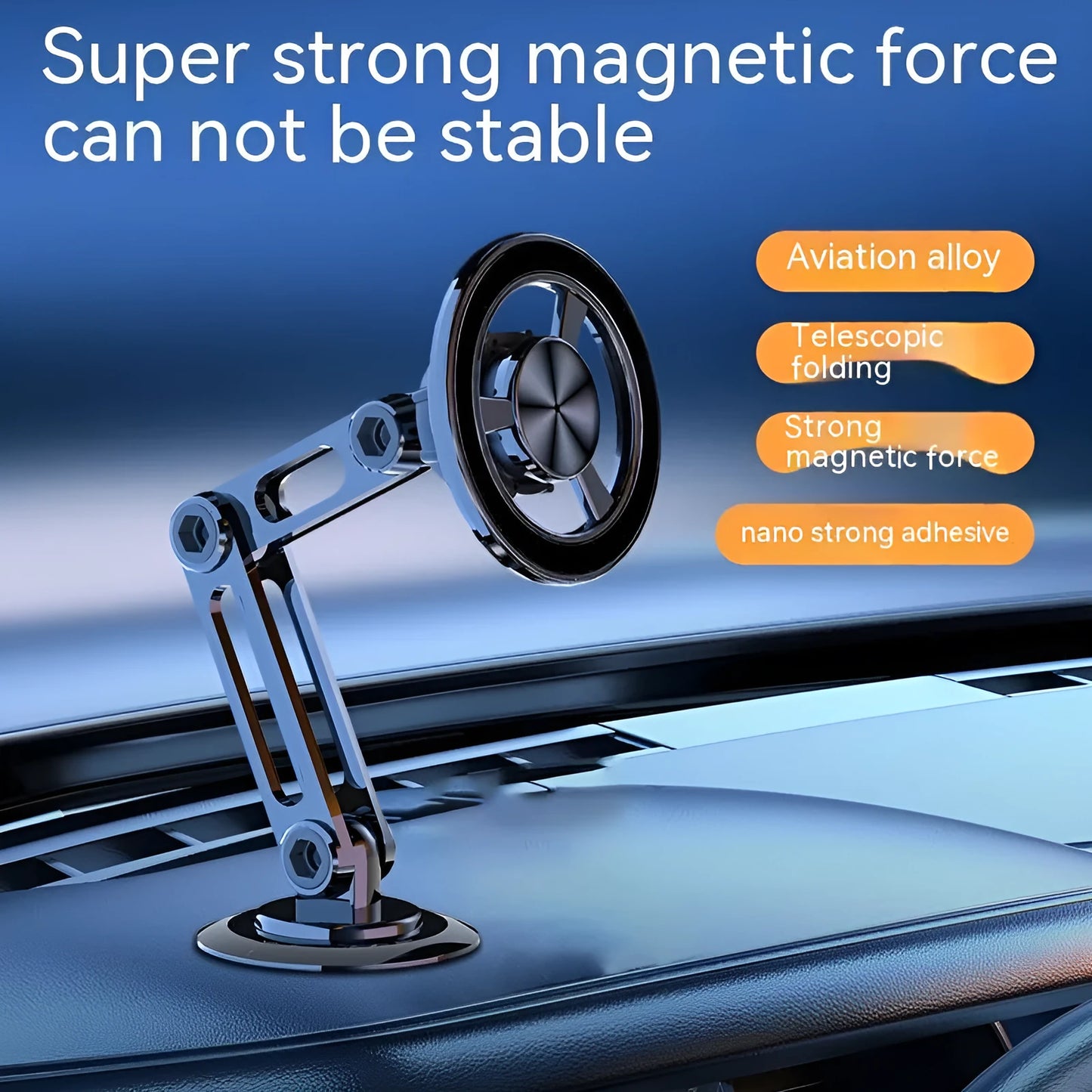 All-metal magnetic car phone holder in silver colour with 360-degree rotation ball joint