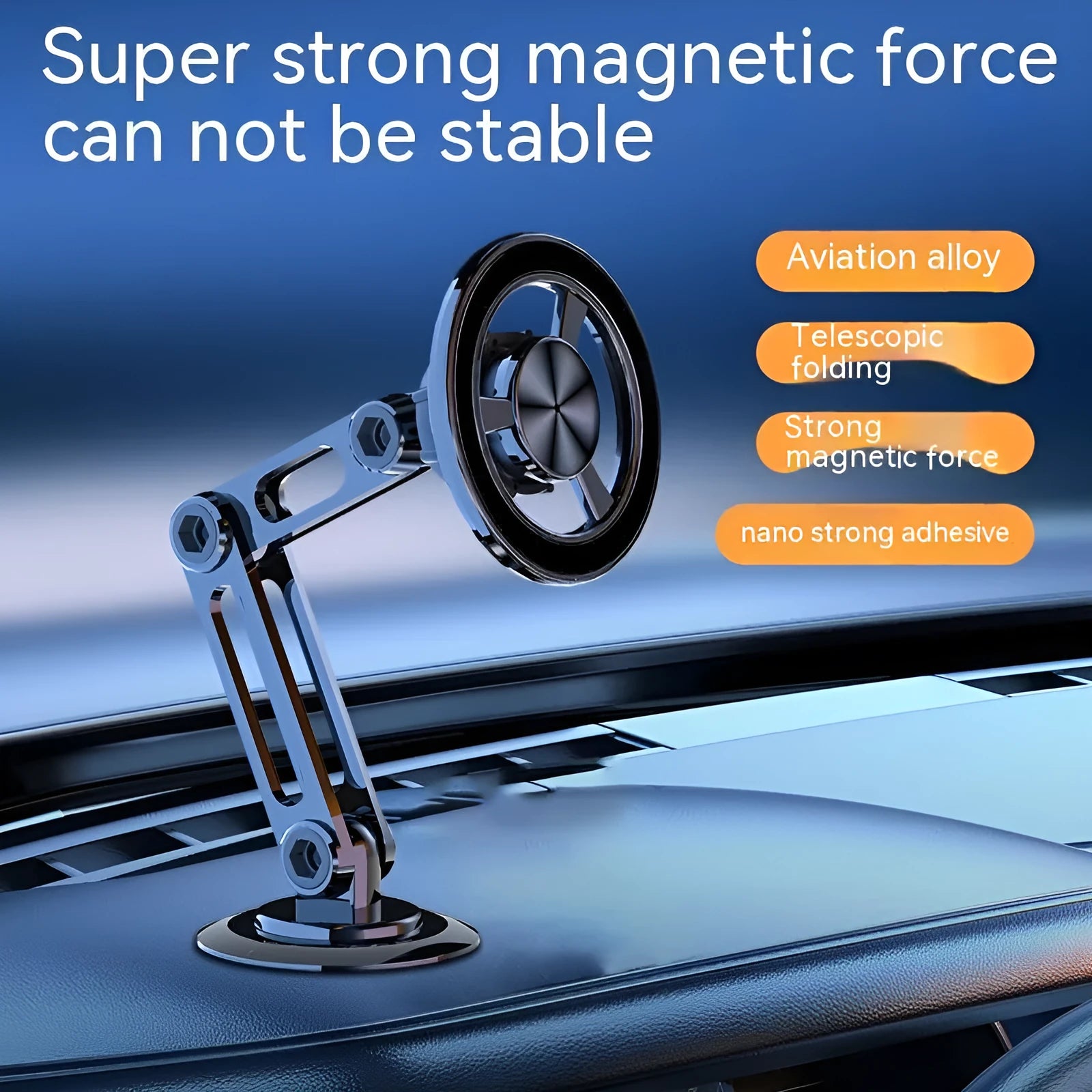 All-metal magnetic car phone holder in silver colour with 360-degree rotation ball joint