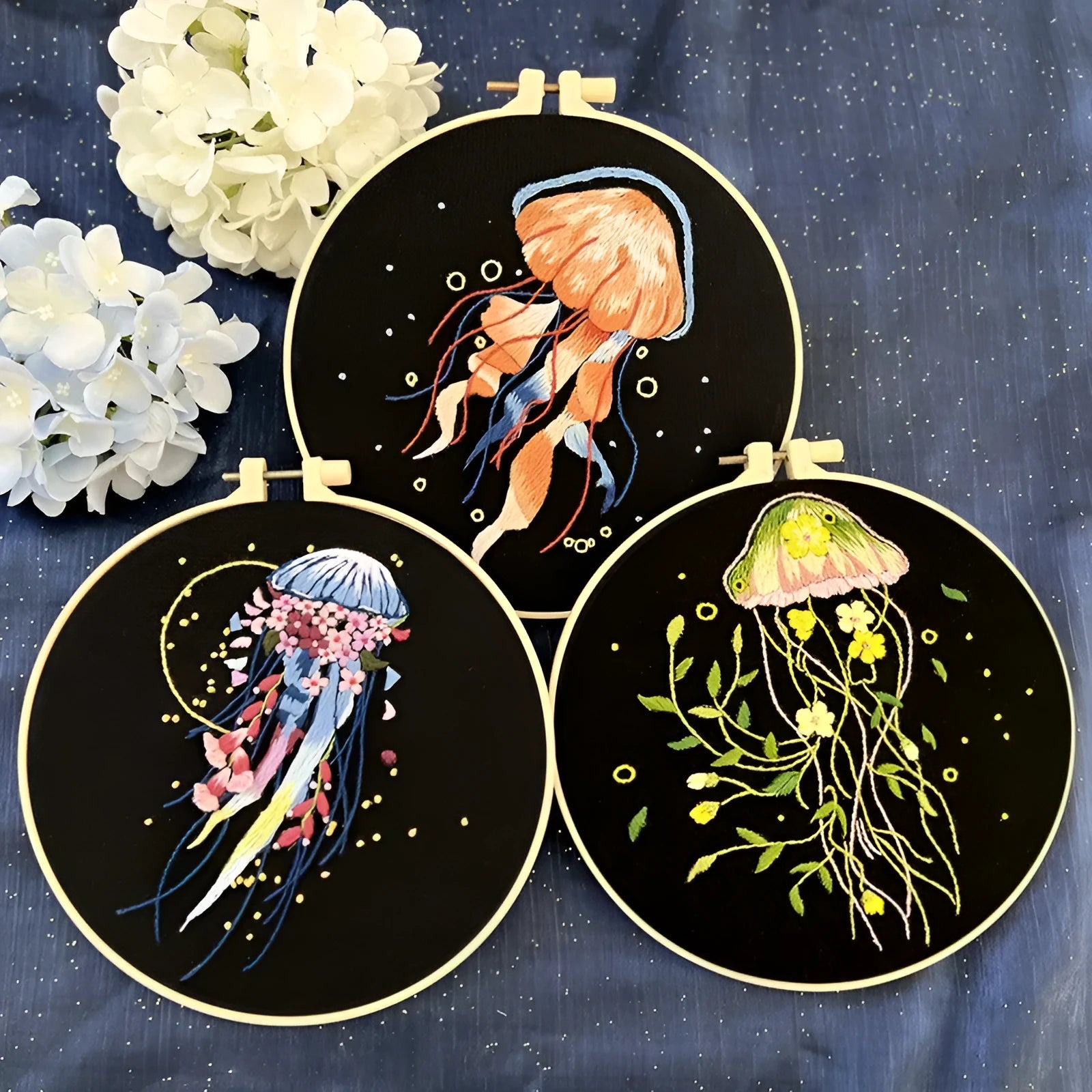 Handmade embroidery jellyfish pendant marine design fabric with cartoon pattern and elasticity options