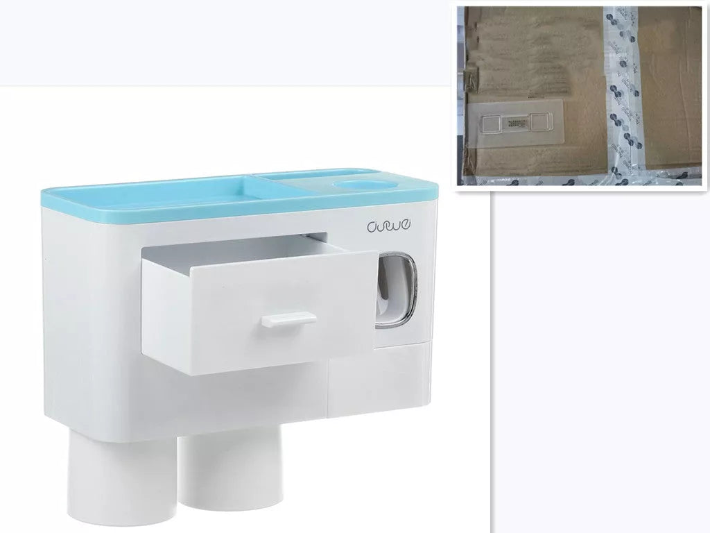 Non-marking hanging magnetic toothbrush holder with toothpaste squeezer and quick-drying cups